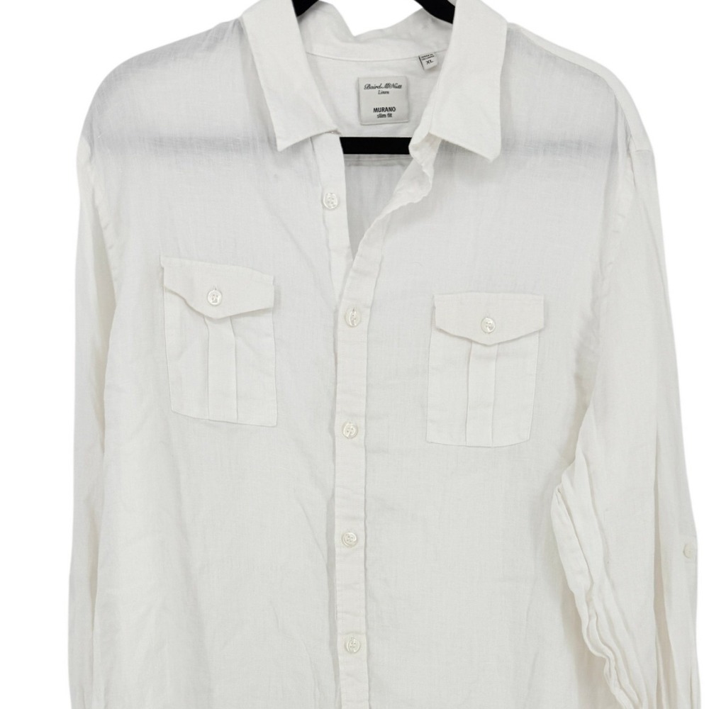 Mens Off White 100% Linen Minimalist Button Up Shirt Fitted XL Long Sleeve Summe